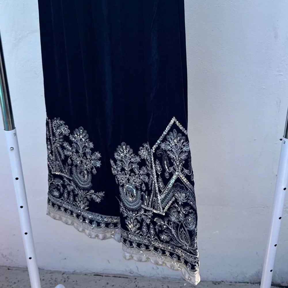 Maryum & Maria Midnight Blue Velvet Palazzo Pants Size Large - Picture 2 of 5